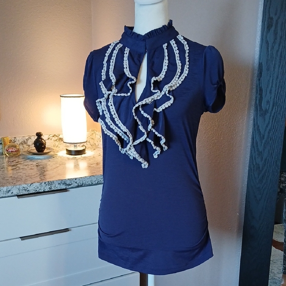 Unbranded Tops - Navy Blue Ruffled Cut Out Blouse with Mandarin Collar size M